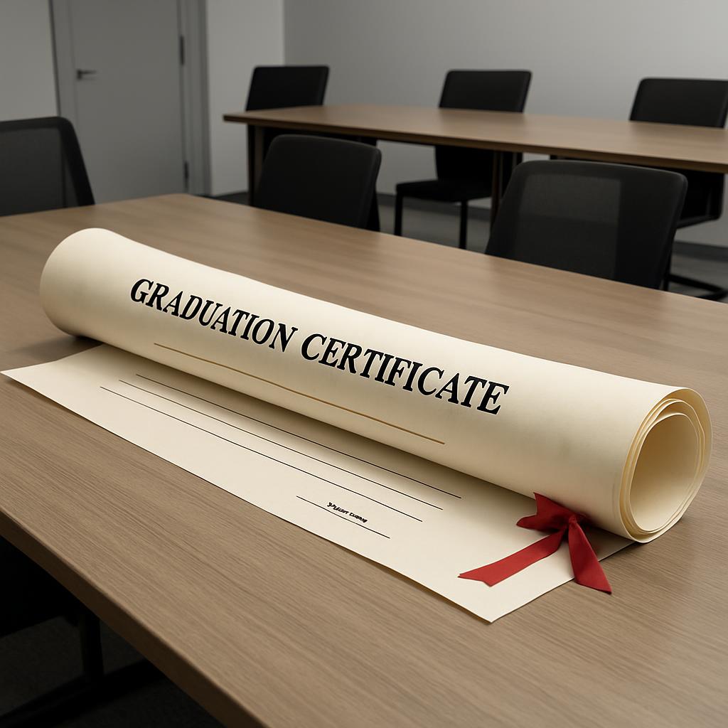 "Graduation selfikipatement pada sebuah meja dan kursi."